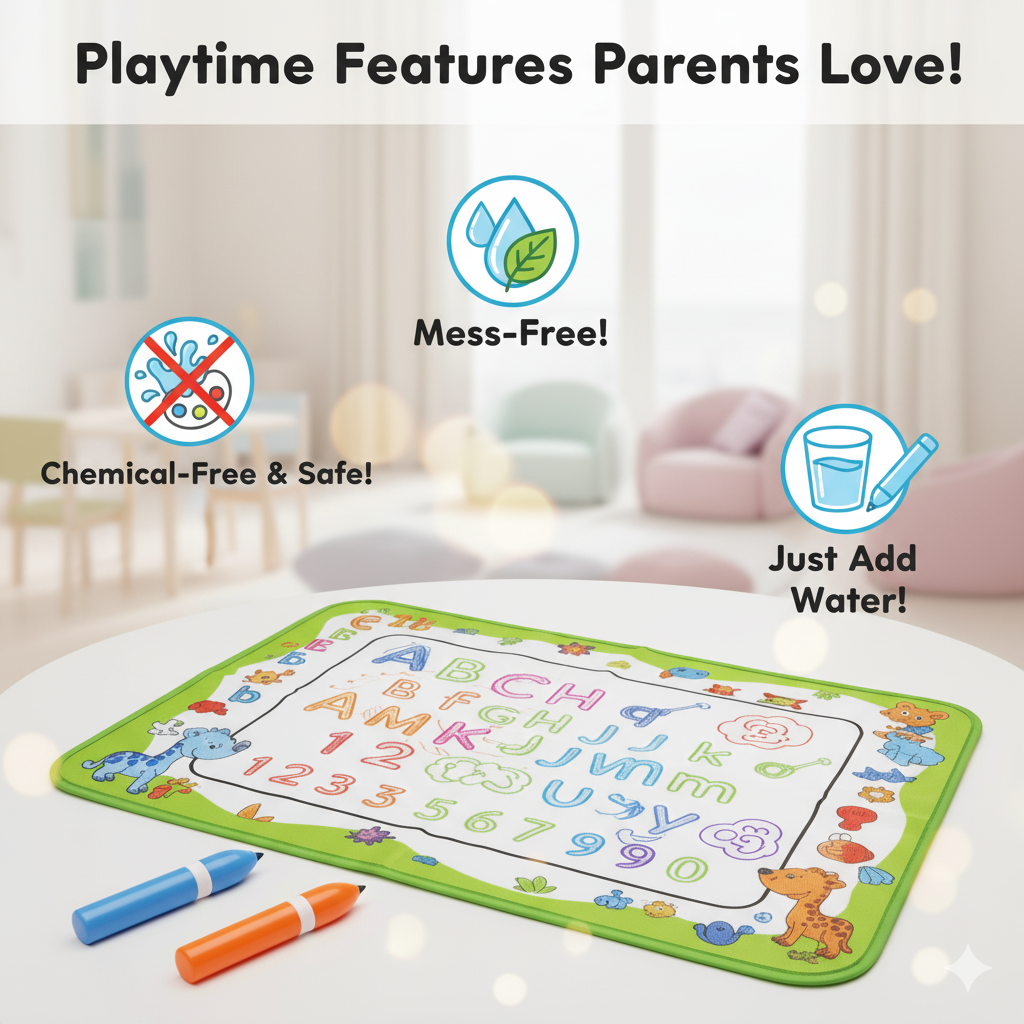 Reusable Mess-Free Aqua Doodle Mat (25 x 15 inch) with 2 Water Pens